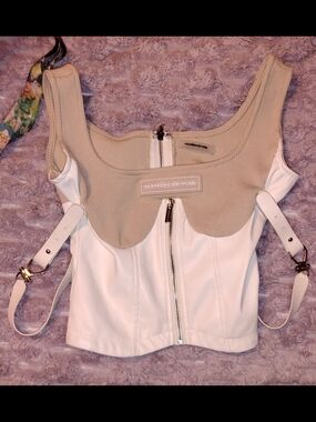 Maniere De Voir White & Beige Corset Crop Top with Buckle Straps
